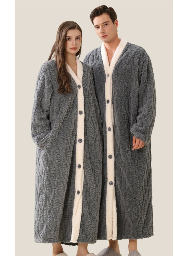 إسكدنيا جنس واحد الشتاء طويل سميكة زر فستان ليلي جاكارد مخملية رداء حمام بيجاما رمادي - Image 3