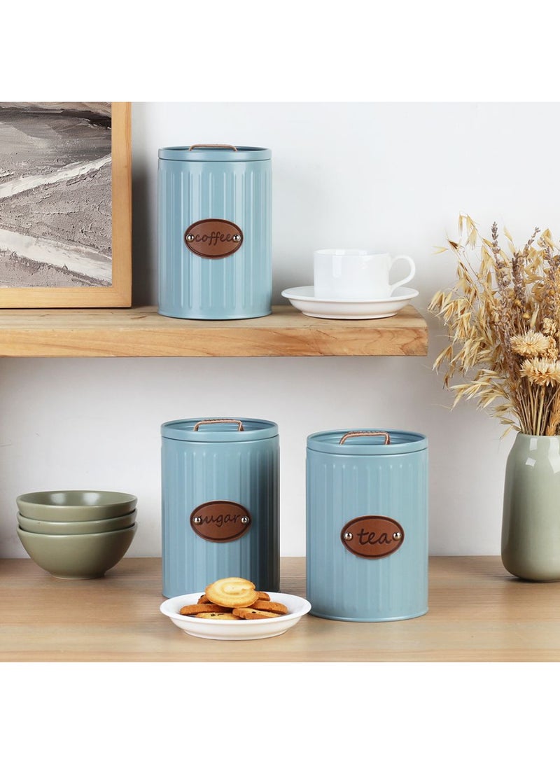 DANUBE HOME Astra 3-Piece Metal Storage Jar Set with Leather Handle and Name Plate – Durable Kitchen Containers, Airtight Metal Jars for Pantry, Spice, Coffee Storage, Stylish Organization -1100ml - Image 1