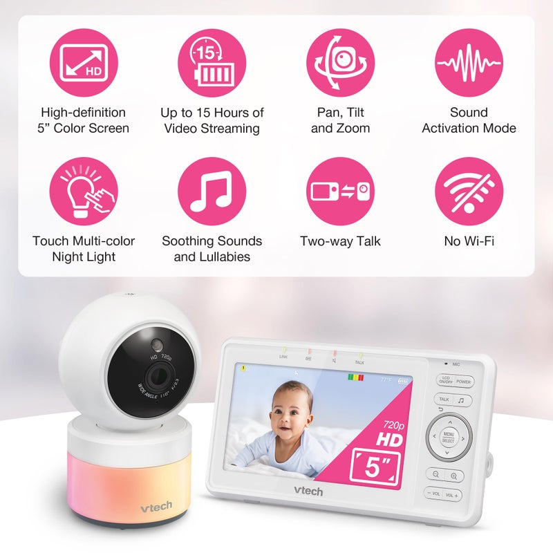 VTech Video Baby Monitor with Camera and Audio, 5" HD LCD Screen, Pan-Tilt-Zoom, 2-Way Talk, VOX Mode, Night Lights, Lullabies, Soothing Sounds, Temperature sensor, Long Range, No WiFi: VM5263 (White) - Image 3