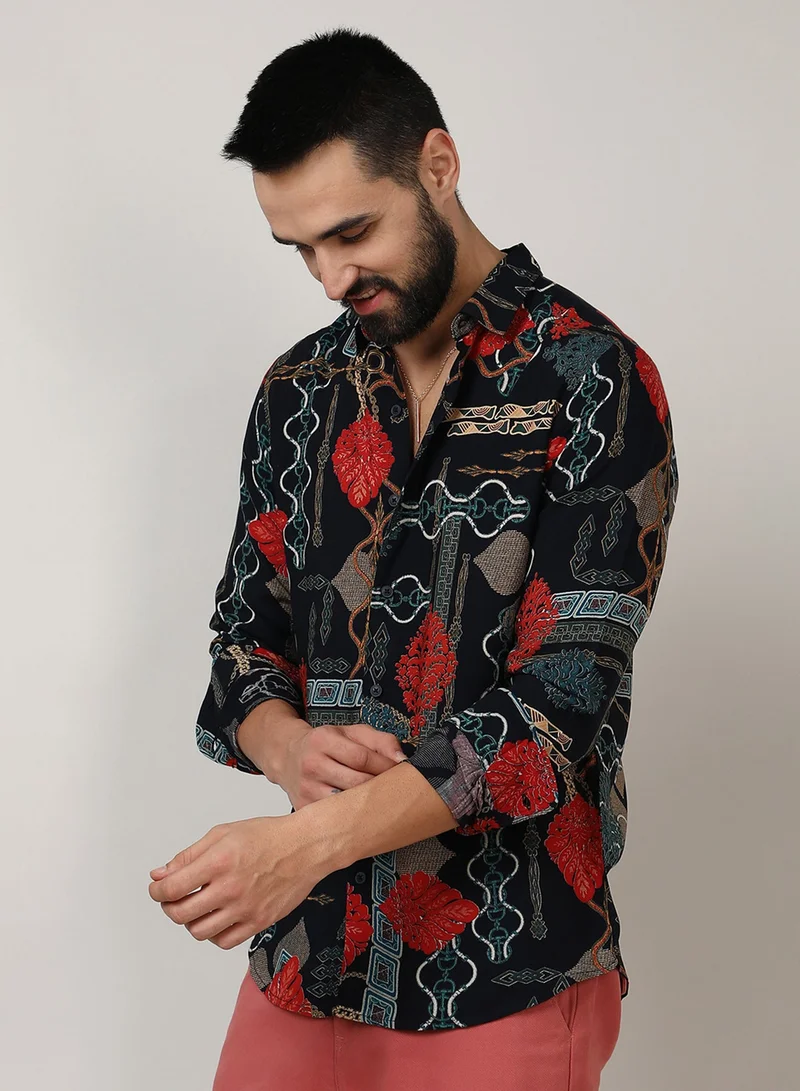 CAHOOT  Men's Crimson Red & Teal Green Artistic Block Shirt For Casual Wear | Spread Collar | Long Sleeve | Button Closure | Shirt Crafted With Comfort Fit For Everyday Wear for Men | Best Price UAE