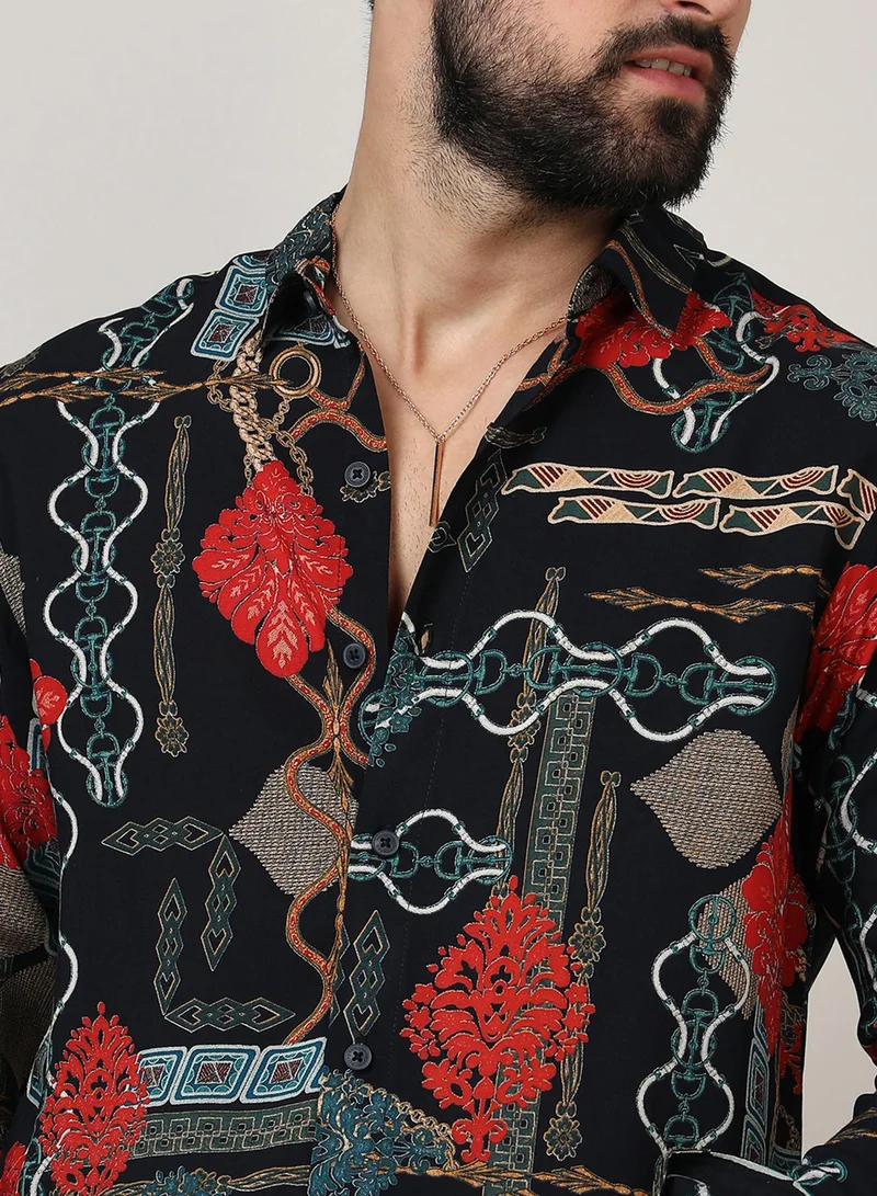 CAHOOT  Men's Crimson Red & Teal Green Artistic Block Shirt For Casual Wear | Spread Collar | Long Sleeve | Button Closure | Shirt Crafted With Comfort Fit For Everyday Wear for Men | Best Price UAE