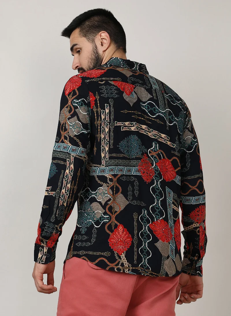 CAHOOT  Men's Crimson Red & Teal Green Artistic Block Shirt For Casual Wear | Spread Collar | Long Sleeve | Button Closure | Shirt Crafted With Comfort Fit For Everyday Wear for Men | Best Price UAE