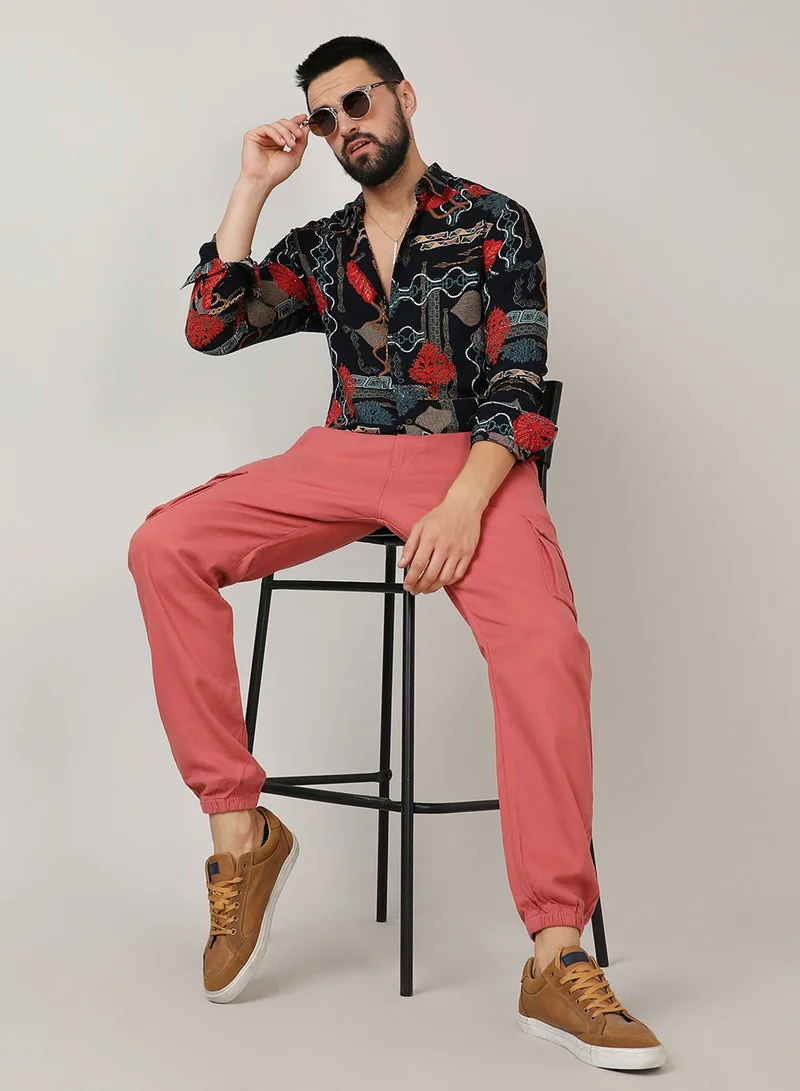 CAHOOT  Men's Crimson Red & Teal Green Artistic Block Shirt For Casual Wear | Spread Collar | Long Sleeve | Button Closure | Shirt Crafted With Comfort Fit For Everyday Wear for Men | Best Price UAE