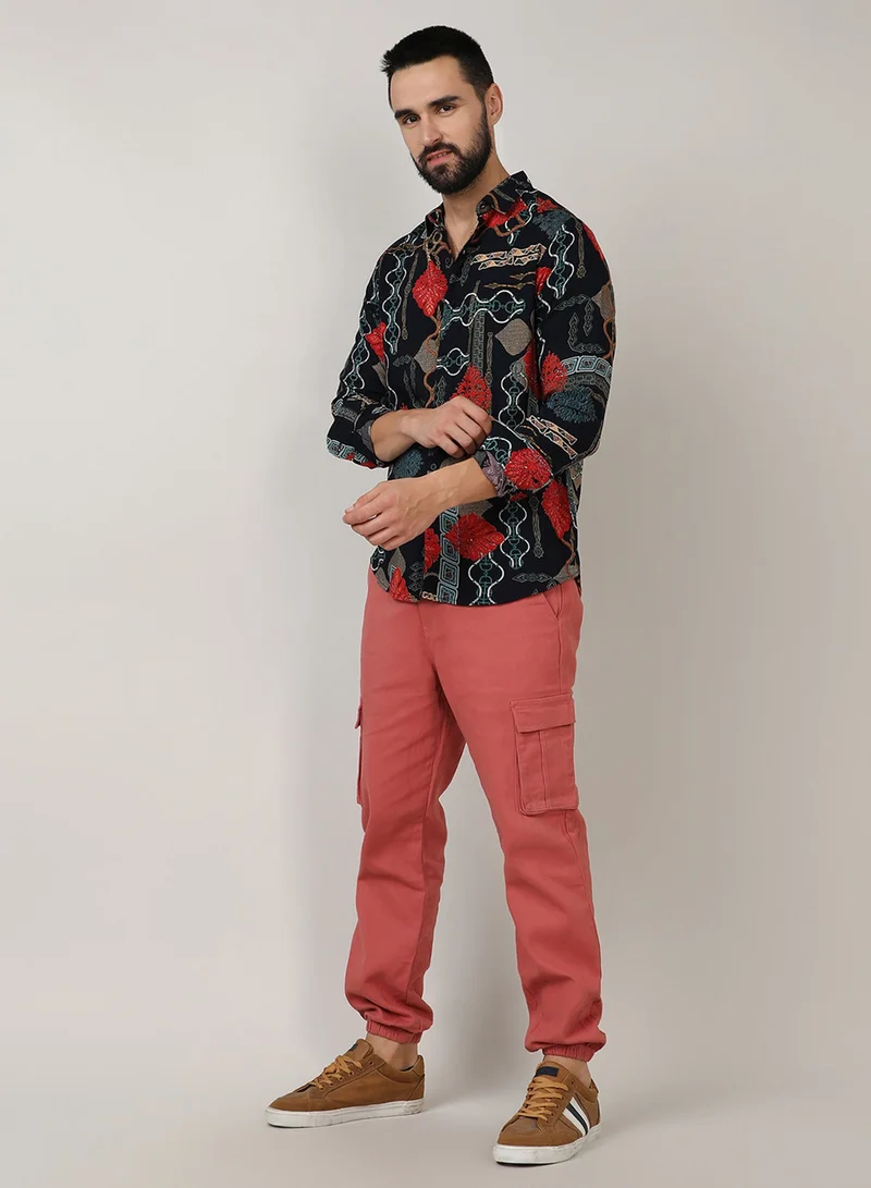 CAHOOT  Men's Crimson Red & Teal Green Artistic Block Shirt For Casual Wear | Spread Collar | Long Sleeve | Button Closure | Shirt Crafted With Comfort Fit For Everyday Wear for Men | Best Price UAE