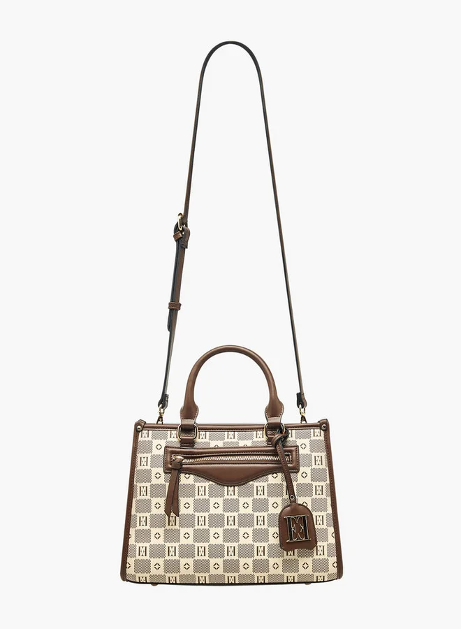 ايل Monogram Print Tote Bag with Double Handle and Zip Closure