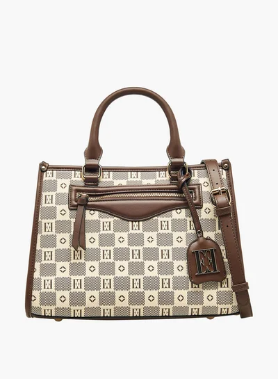 ايل Monogram Print Tote Bag with Double Handle and Zip Closure