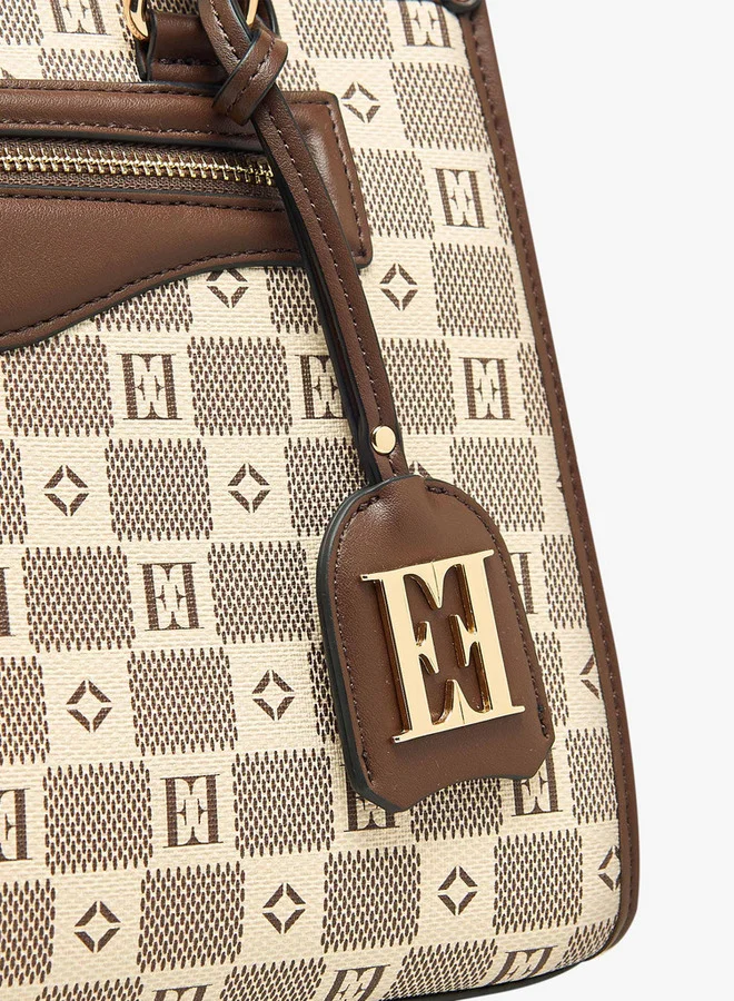 ايل Monogram Print Tote Bag with Double Handle and Zip Closure