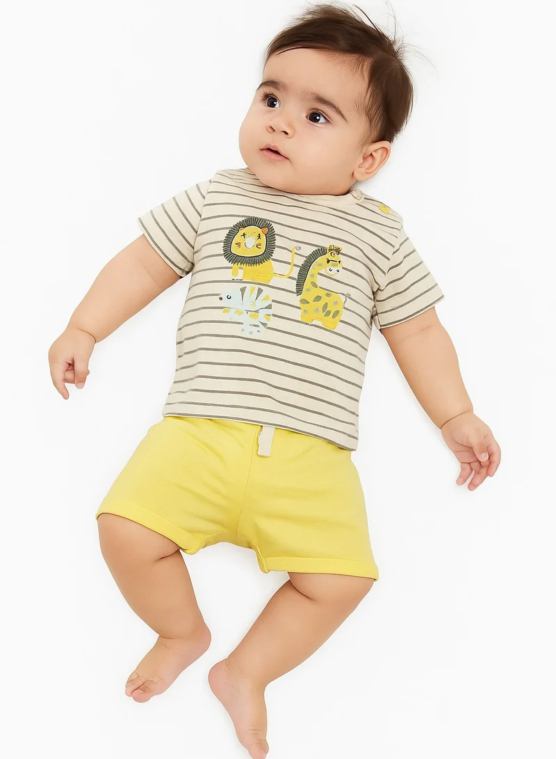 Dirkje BABY BOYS 2Pc Set - Stripes T-shirt with cute animals Embroidered & Matching Shorts