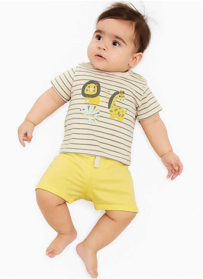 Dirkje BABY BOYS 2Pc Set - Stripes T-shirt with cute animals Embroidered & Matching Shorts - Image 1