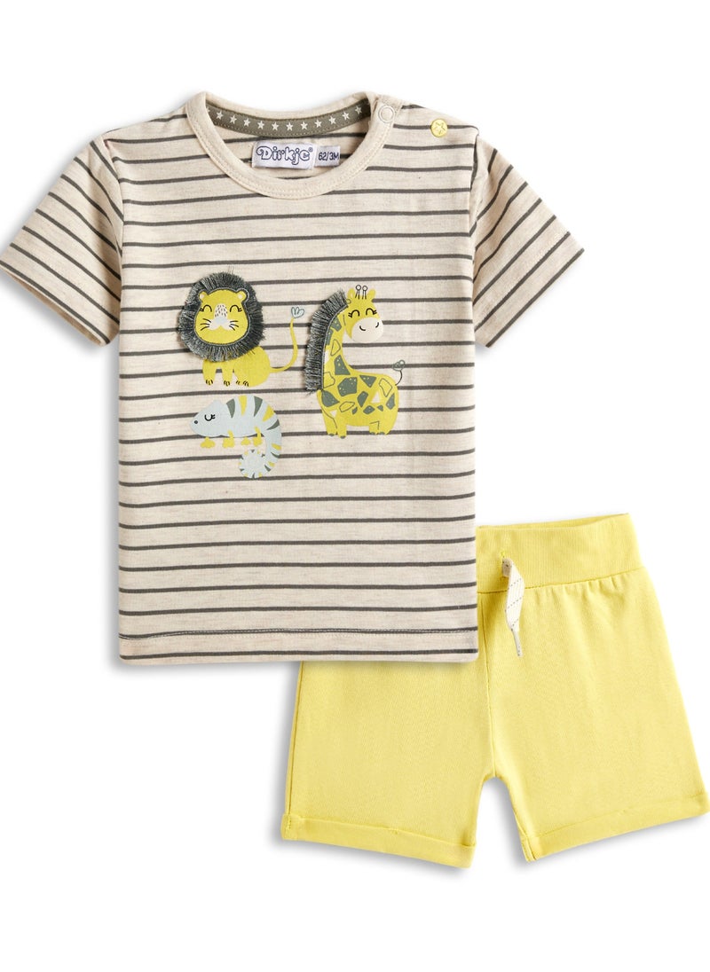 Dirkje BABY BOYS 2Pc Set - Stripes T-shirt with cute animals Embroidered & Matching Shorts - Image 2