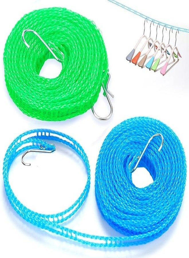NFI essentials Clothesline Rope 10 Meters Pack of 2 Windproof Anti-Slip Clothes Washing Line Drying Nylon Rope with Hooks 5 Meter Nylon Clothesline Rope for Drying Cloths(Assorted Colour) - Image 1