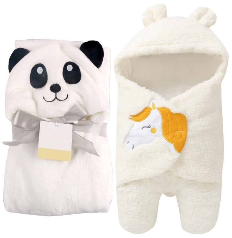 First Kick Baby Blankets New Born Combo Pack of Hooded Wrapper Sleeping Bag and Baby Bath Towel for 0-6 Months Baby Boys and Baby Girls Pack of 2, Flannel, white Panda, Unicorn white, lightweight - Image 1