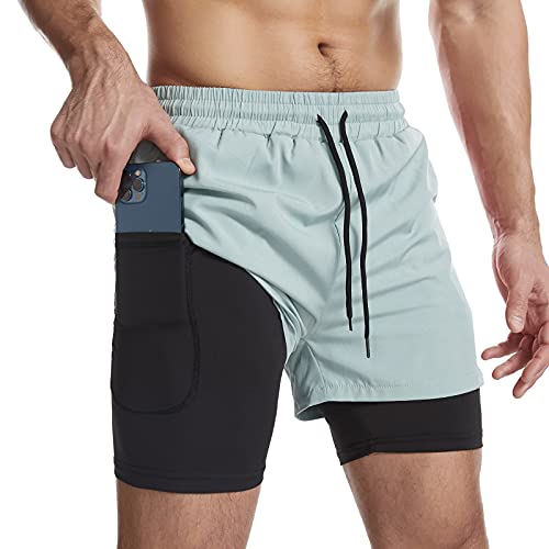 Surenow Mens 2 in 1 Running Shorts Quick Dry Athletic Shorts with Liner, Workout Shorts with Zip Pockets and Towel Loop Arona Blue - Image 1