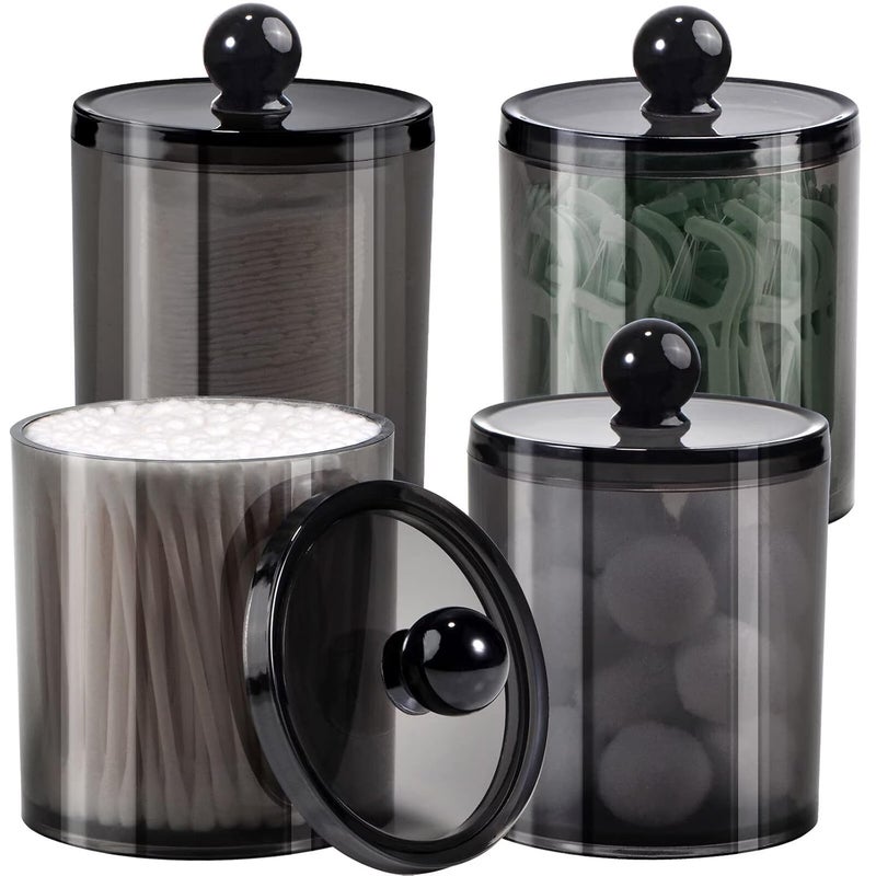 Zeinwap Cottonswab Storage Dispenser Set 4 Pcs of Light Black Clear Acrylic Apothecary Jar for Bathroom Vanity Organizer Clear Cotton Ball Holder CottonEarbud Holder Storage Container with Lid - Image 1