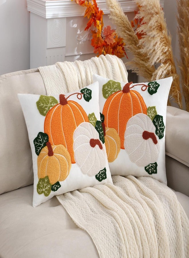 LUOYEHK Halloween Pillow Covers 18x18 Set of 2 Three Pumpkins Embroidery Throw Pillow Covers Farmhouse Thanksgiving Home Decor Cushion Covers for Couch Sofa Bed - Image 3