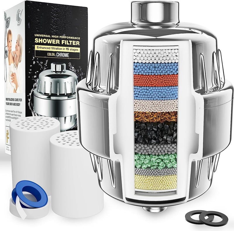 FEELSO FE-15 PRO abs shower and tap filter for hard water with 15 stage Hard Water Softener Cartridge - Universal Shower Head Water Softener (Chrome FE-18 + 2 Cartridge) - Image 1