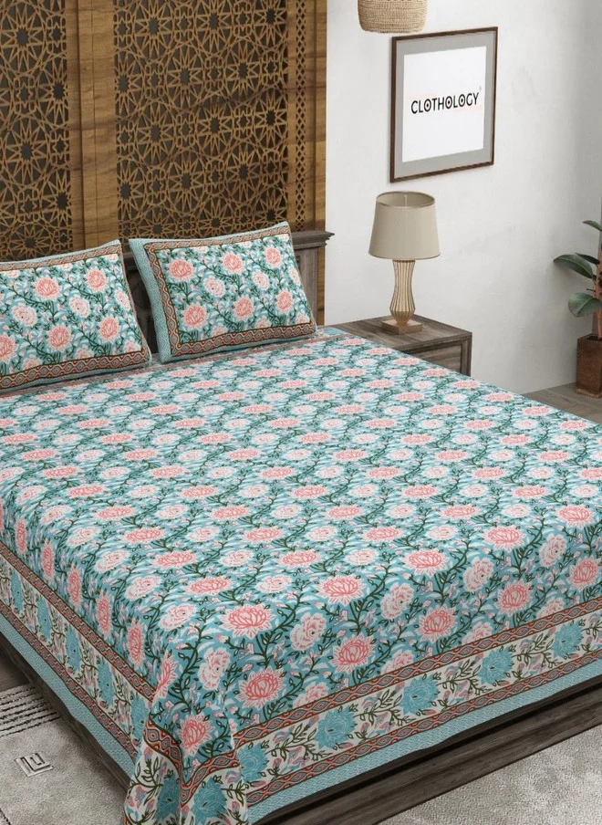 CLOTHOLOGY CLOTHOLOGY Blue Floral Pure Cotton 180 TC King Size Bedsheet Set with 2 Pillow Covers