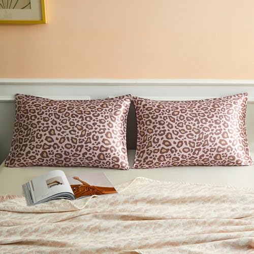 LCBD Satin Pillowcase for Hair and Skin, Pink Leopard Printed Pillow Cases Set of 2, Standard Size Cheetah Print Silk Satin Pillow Covers for Women with Envelope Closure, 20x26 inches - Image 4