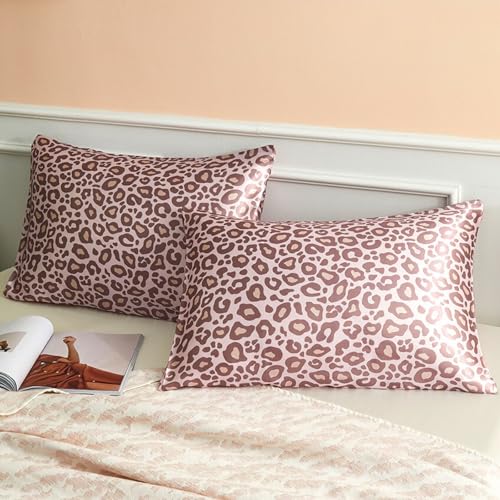 LCBD Satin Pillowcase for Hair and Skin, Pink Leopard Printed Pillow Cases Set of 2, Standard Size Cheetah Print Silk Satin Pillow Covers for Women with Envelope Closure, 20x26 inches - Image 1