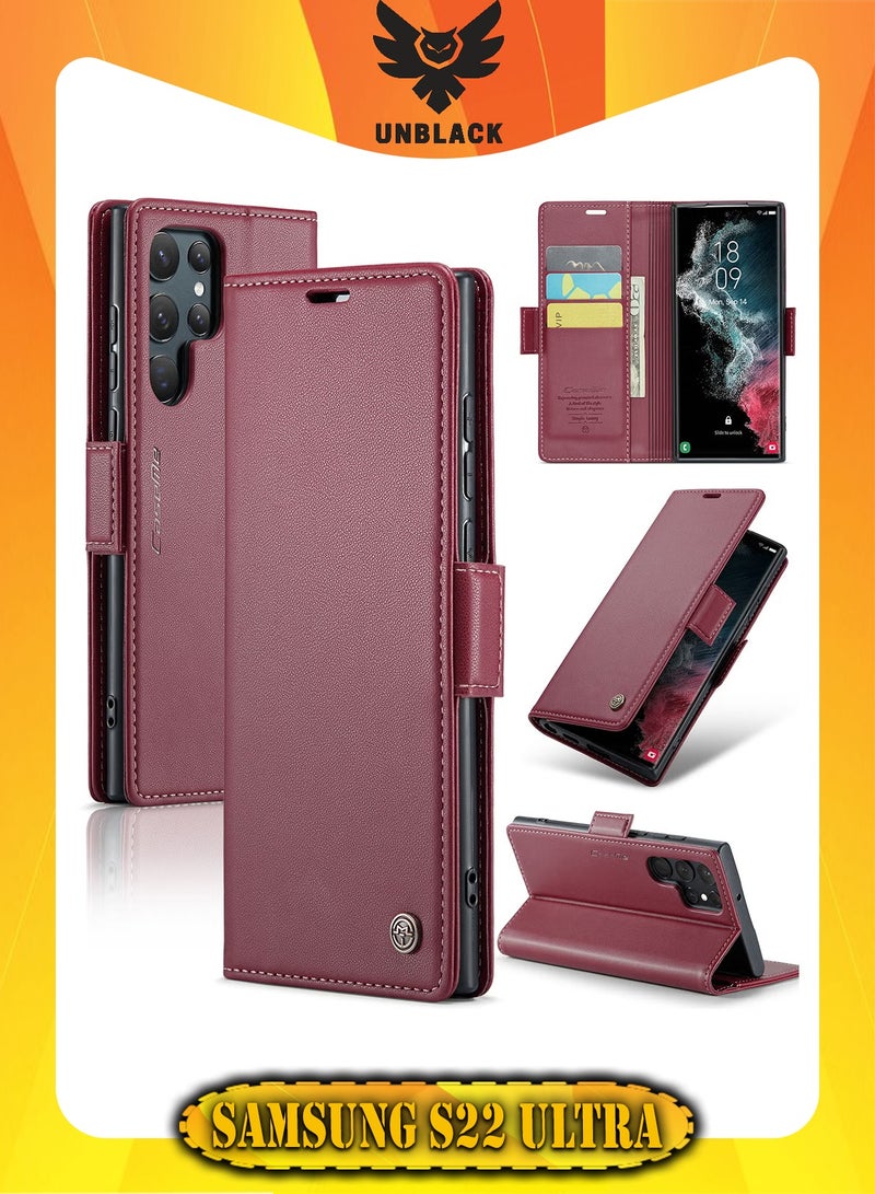 CaseMe Flip Wallet Case For Samsung Galaxy S22 Ultra, [RFID Blocking] PU Leather Wallet Flip Folio Case with Card Holder Kickstand Shockproof Phone Cover (Red) - Image 1