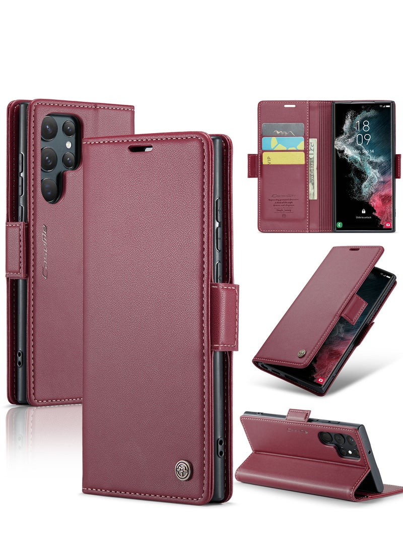 CaseMe Flip Wallet Case For Samsung Galaxy S22 Ultra, [RFID Blocking] PU Leather Wallet Flip Folio Case with Card Holder Kickstand Shockproof Phone Cover (Red) - Image 2