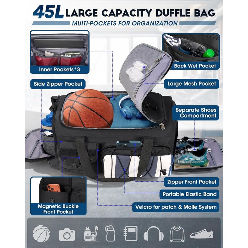 Sports Gym Bag for Men Women, 45L Large Duffel Bag with Shoe Compartment and Wet Pocket, Water Resistant Polyester, Black, 3-in-1 Travel Holdall Weekender - Image 3