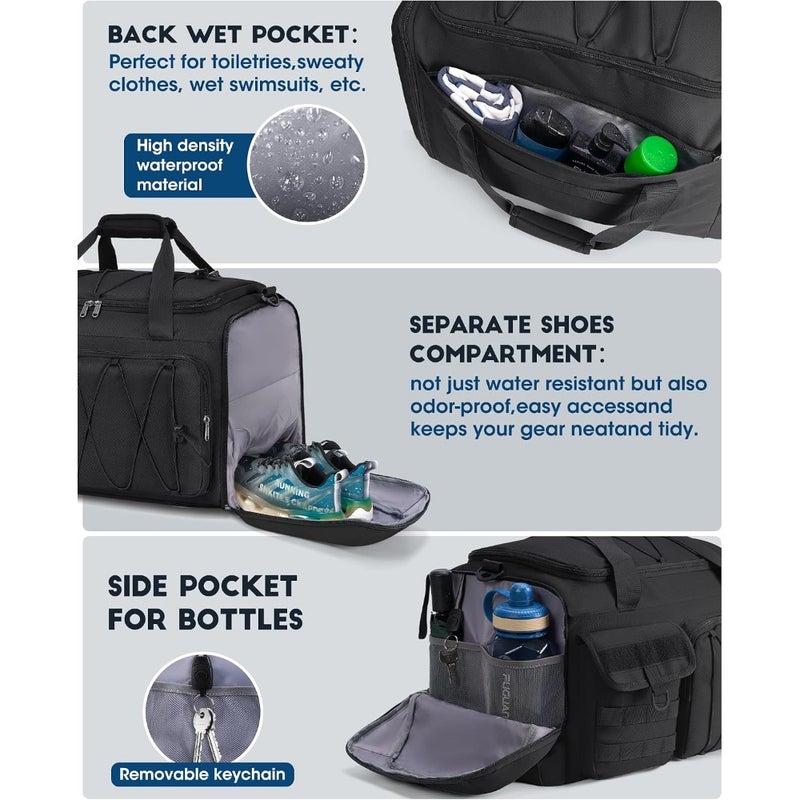 Sports Gym Bag for Men Women, 45L Large Duffel Bag with Shoe Compartment and Wet Pocket, Water Resistant Polyester, Black, 3-in-1 Travel Holdall Weekender - Image 5
