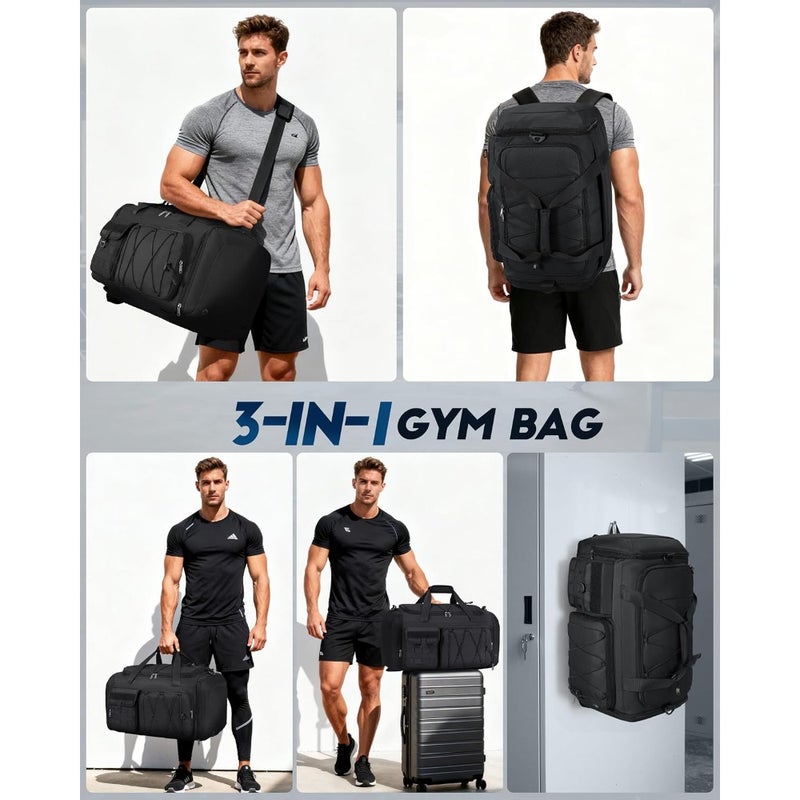 Sports Gym Bag for Men Women, 45L Large Duffel Bag with Shoe Compartment and Wet Pocket, Water Resistant Polyester, Black, 3-in-1 Travel Holdall Weekender - Image 2