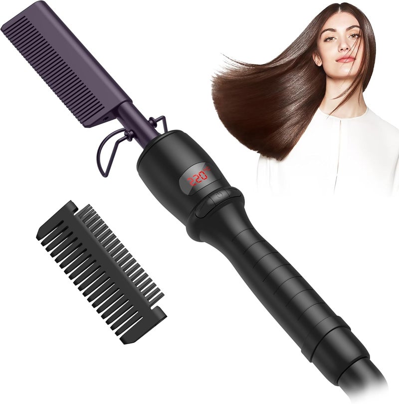 Hot Comb for Wigs Afro Hair Beard Curly Electric Copper Hot Comb Hair Straighteners Styling Appliances Heated Press Comb Adjustable Temperature with LCD Display DarkPurpleBlack