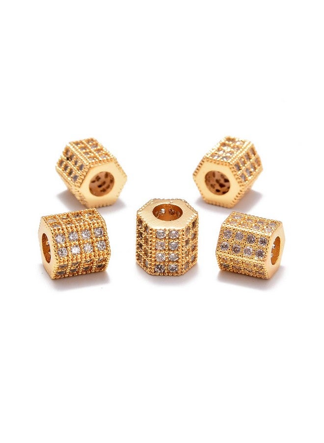 AD BEADS Zircon Pave Rhinestones Big Hole Hexagon Spacer Beads 7X8Mm 5Pcs Clear On Gold - Image 1