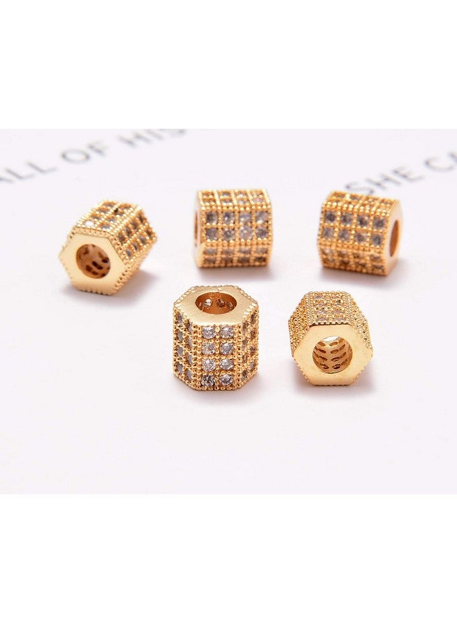 AD BEADS Zircon Pave Rhinestones Big Hole Hexagon Spacer Beads 7X8Mm 5Pcs Clear On Gold - Image 3