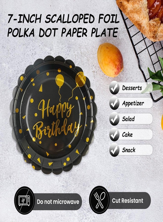 HFBOBP 50PCS Happy Birthday Paper Plates and Napkins - 7 Inch Scalloped Black and Gold Dessert Plates and 6.5 Inch Napkins Disposable Tableware Set Birthday Party Supplies, Serves 25 - Image 4