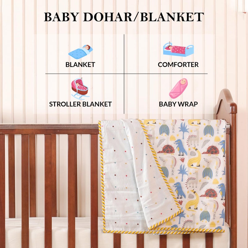 HOMEMONDE 100% Cotton Reversible Dohar for Newborn Baby Boy and Girl, 3 Layer Baby Dohar, Soft & Breathable, Ideal for All Seasons, 0-4 Years, Size- 55" x 39" (140 cm x 100 cm) - Dino Adventure - Image 2