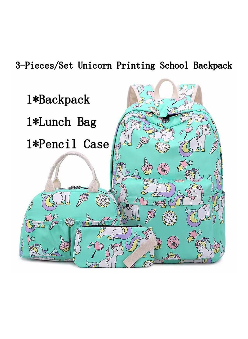 3-Pieces/Set Unicorn Printing School Backpack,Teen Girls Bookbag with Lunch Bag and Pencil Case
