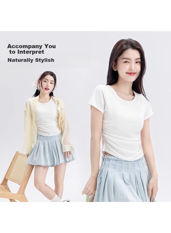 Don't speak Bieyu Zheng Shoulder Short-sleeve T-shirt For Women, Summer Tight-fitting Wrinkled Slimming Irregular Design Short Top, White, S - Image 2