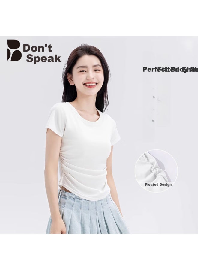 Don't speak Bieyu Zheng Shoulder Short-sleeve T-shirt For Women, Summer Tight-fitting Wrinkled Slimming Irregular Design Short Top, White, S - Image 1