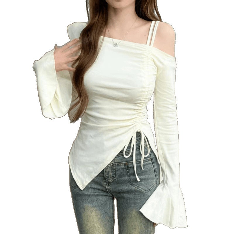 Early Autumn New Style Trumpet Sleeve Off-Shoulder T-Shirt For Girls With Asymmetrical Design, Slimming Look Bottoming Drawstring Top - Image 5