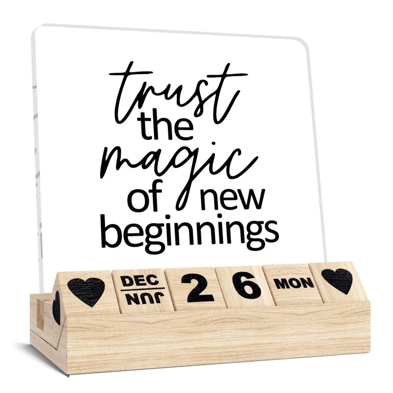 Ythuil New Beginnings Gifts - Wooden Block Calendar, Inspirationa Graduation New Job Chapter Going Away Farewell Goodbye Leaving Gifts for Coworker Teacher Friend Desk Sign Office Decor Accessories - Image 1