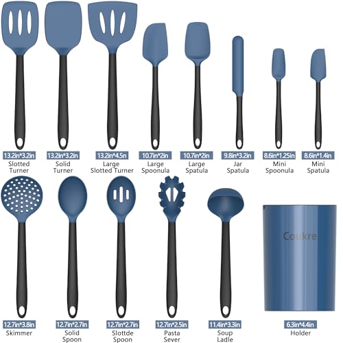 Coukre Silicone Kitchen Cooking Utensils Set with Holder – Heat-Resistant, Food-Grade Kitchen Tools, Spatula, Spoon & Gadgets for Non-Stick Pans, Dishwasher Safe (14, DarkBlue) - Image 2
