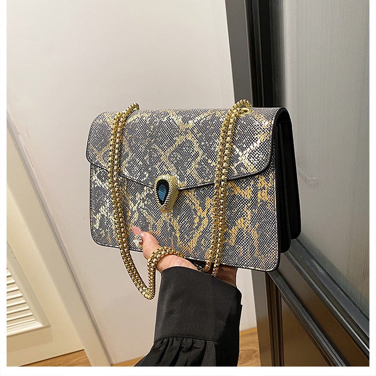 Snakeskin Pattern Small Square Bag Chain Trendyy Fashion Retro Single Shoulder Popular Crossbody Bag Women'S Bag