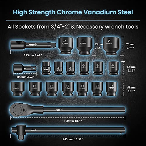Anbull 3/4" Drive Jumbo Impact Socket Set, 21 Piece Shallow Socket Assortment, 6-Point Standard SAE Sizes (3/4-Inch to 2-Inch) | Cr-V Steel - Image 2