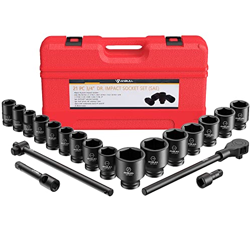 Anbull 3/4" Drive Jumbo Impact Socket Set, 21 Piece Shallow Socket Assortment, 6-Point Standard SAE Sizes (3/4-Inch to 2-Inch) | Cr-V Steel - Image 1
