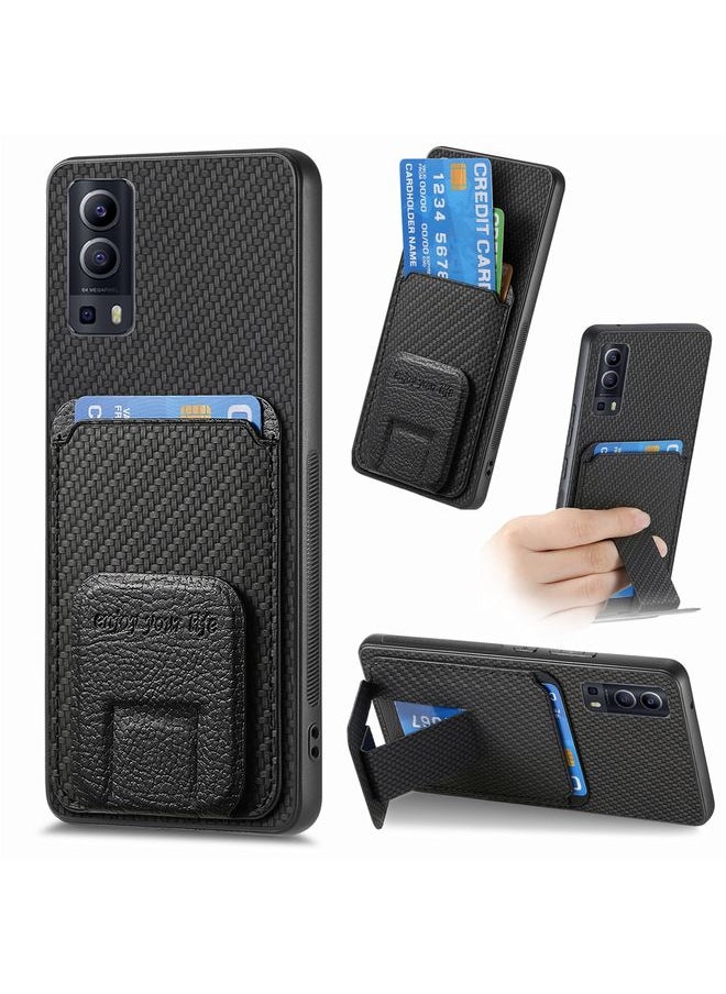 HuHa - Case Cover For vivo Y72 5G Carbon Fiber Card Bag Fold Stand Phone Case Black - Image 1