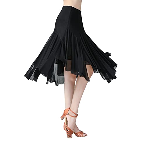 AFAVOM Ballroom Dance Skirts for Women Ballroom Dancing Irregular Long Swing Waltz Latin Salsa Belly Dance Skirts Tango Cha Cha Practice Skirt Flamenco Dress Costume for Performance Black One Size - Image 1