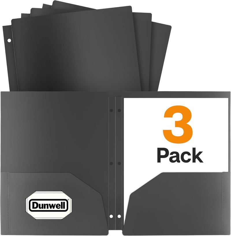 Dunwell 2-Pocket Folders with Pockets, (3-Pack, Black) 3-Hole Punched Binder Folders Colored Plastic Folders for 3 Ring Binder, Poly 2 Pocket Folders for School, Includes Labels - Image 1