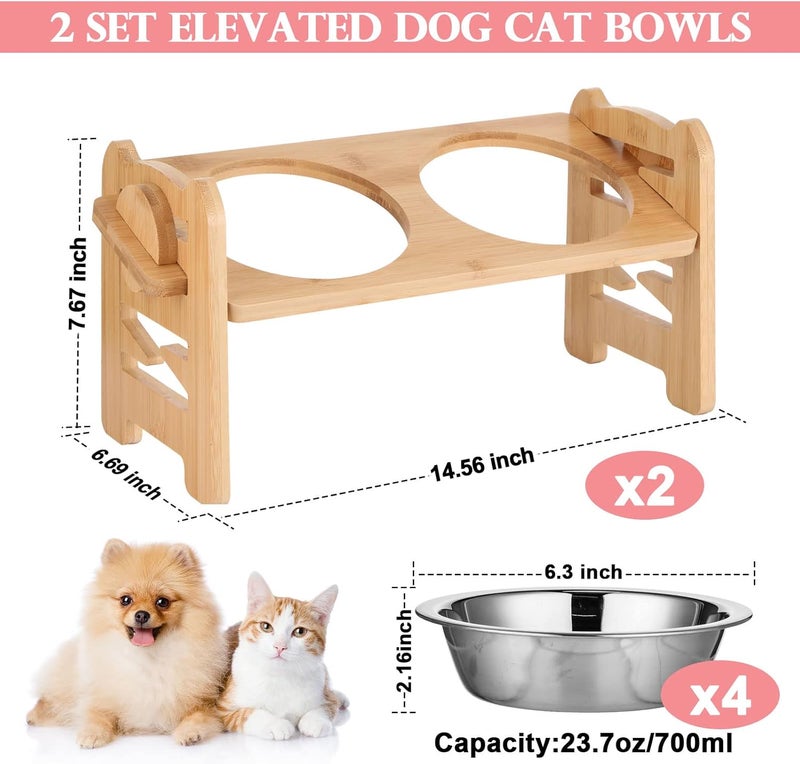 Rtteri 2 Set Elevated Dog Cat Bowls 15 Tilted Raised Pet Bowl for Puppy and Cats Adjustable Dog Food Feeding Dishes Wood Stand Pet Feeder with Stainless Steel and Non Slip Feet - Image 2