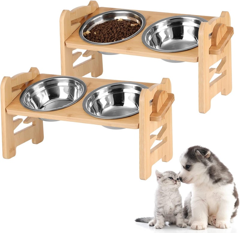 Rtteri 2 Set Elevated Dog Cat Bowls 15 Tilted Raised Pet Bowl for Puppy and Cats Adjustable Dog Food Feeding Dishes Wood Stand Pet Feeder with Stainless Steel and Non Slip Feet - Image 1