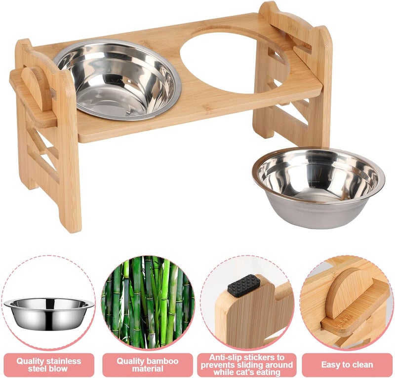 Rtteri 2 Set Elevated Dog Cat Bowls 15 Tilted Raised Pet Bowl for Puppy and Cats Adjustable Dog Food Feeding Dishes Wood Stand Pet Feeder with Stainless Steel and Non Slip Feet - Image 3