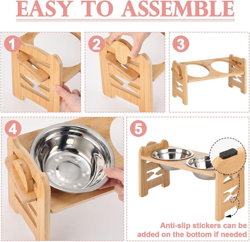 Rtteri 2 Set Elevated Dog Cat Bowls 15 Tilted Raised Pet Bowl for Puppy and Cats Adjustable Dog Food Feeding Dishes Wood Stand Pet Feeder with Stainless Steel and Non Slip Feet - Image 5