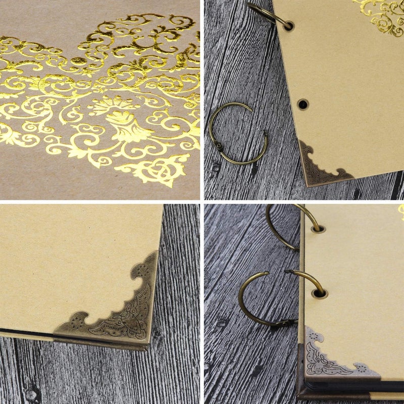 ADVcer Photo Album DIY Scrapbook, 10x10 inch 50 Pages Double Sided, Vintage Hardcover Three-Ring Binder Picture Booth with 408pcs 6 Colors Self Adhesive Photos Corners (Champagne, Gold Blocking Heart) - Image 3